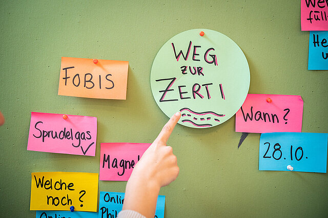 Ein Finger zeigt auf eine Metaplanwand, an der mehrere Karten hängen, auf einer steht "Weg zur Zerti"